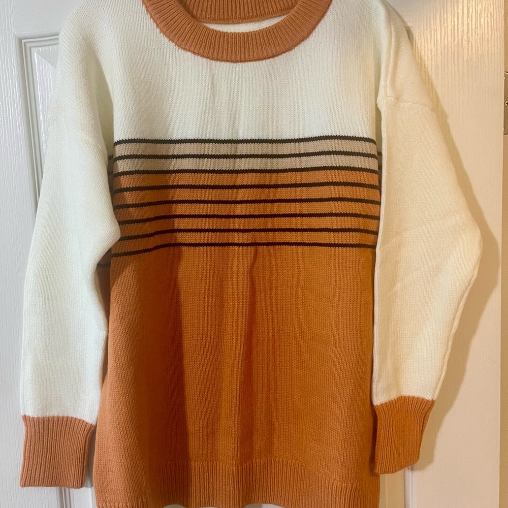 Orange and White Crew Neck Sweater with Stripes NWOT